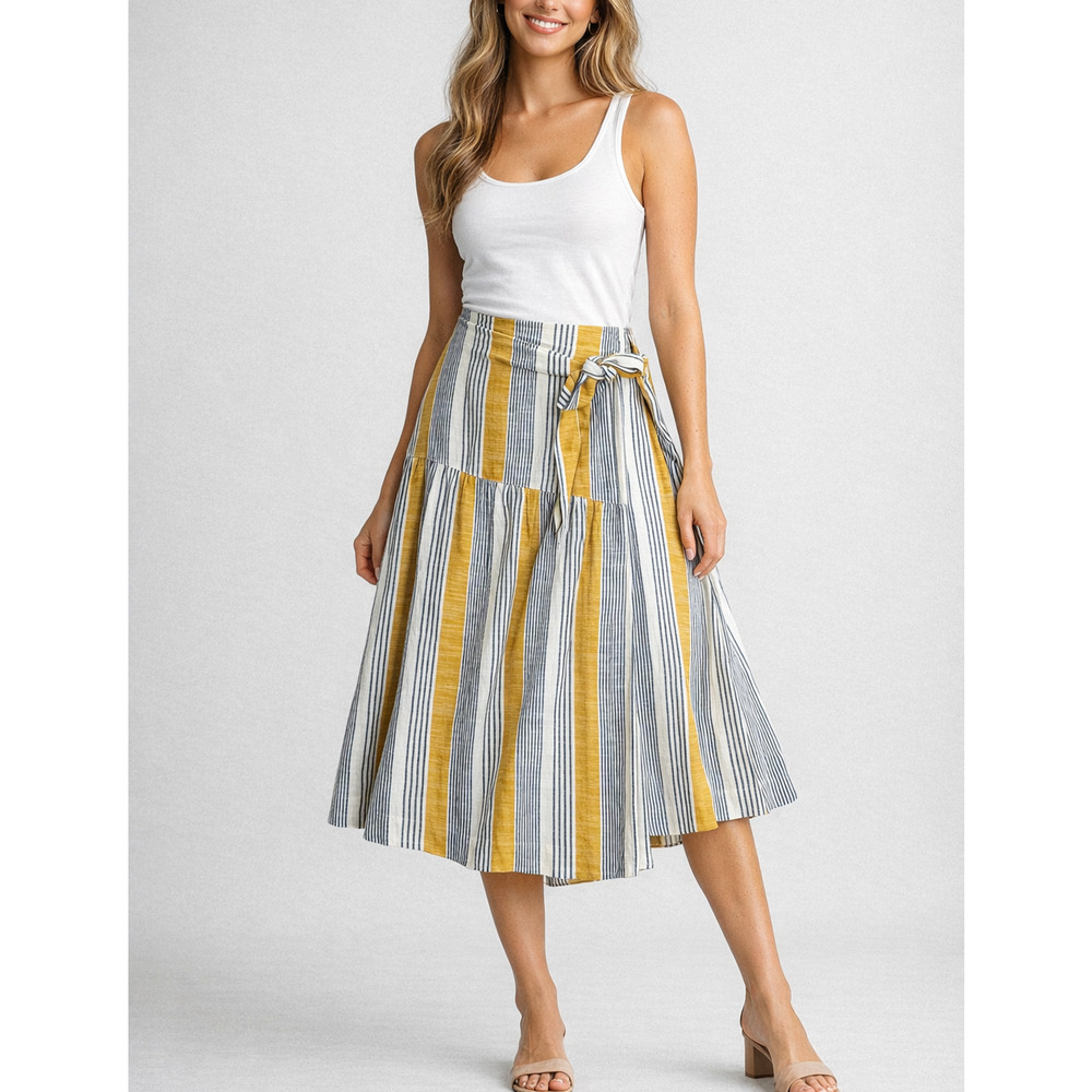 Maeve Anthro Laura Striped Wrap Midi Skirt Women 12 Petite Yellow Preppy Coastal